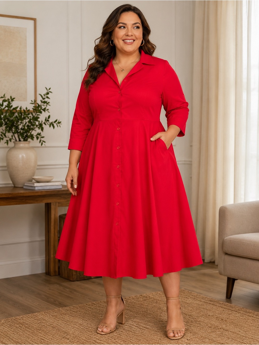 J. Peterman NEW Fit & Flare Cotton Shirt Midi Dress 18 office feminine coquette